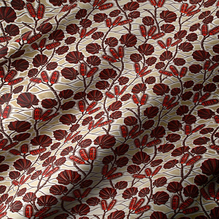 Elegant floral pattern with metallic gold fan-shaped blooms on dark navy fabric.